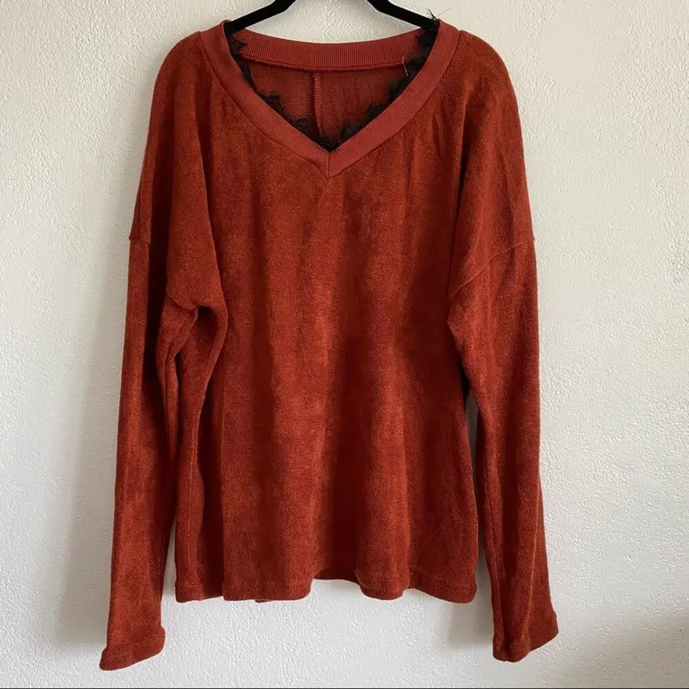 Brick Red V-Neck Lace Detail Pullover Sweater Size Medium